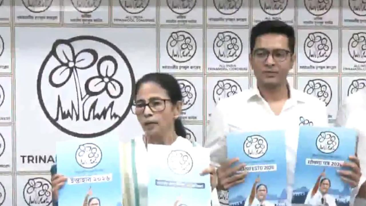 Mamata Banerjee launches TMC's manifesto (Photo/ANI) Mamata Banerjee launches TMC's manifesto (Photo/ANI)