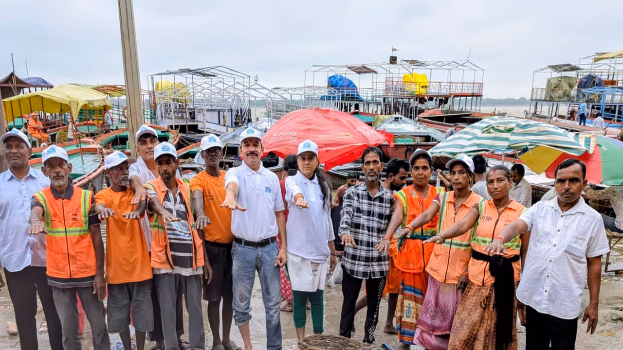 Namami Gange and Varanasi Municipal Corporation teams carry out a cleanliness drive at Dashashwamedh Ghat following the recent floods, removing more than one tonne of waste from the Ganga. (Photo: ANI) Namami Gange and Varanasi Municipal Corporation teams carry out a cleanliness drive at Dashashwamedh Ghat following the recent floods, removing more than one tonne of waste from the Ganga. (Photo: ANI)