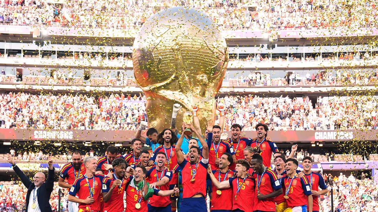 Spain players celebrating with FIFA World Cup trophy. (X/@SEFutbol) Spain players celebrating with FIFA World Cup trophy. (X/@SEFutbol)