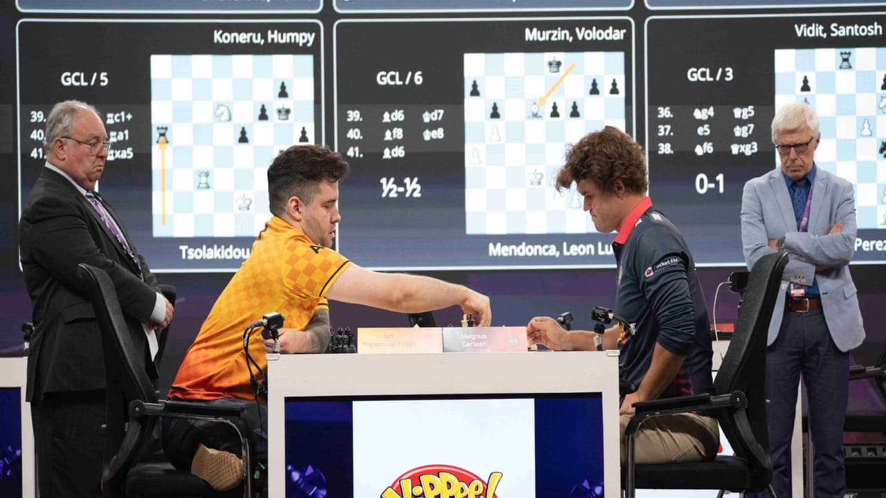 Ian Nepomniachtchi (L) vs Magnus Carlsen on Day 2 of GCL 2026. (Photo: GCL) Ian Nepomniachtchi (L) vs Magnus Carlsen on Day 2 of GCL 2026. (Photo: GCL)