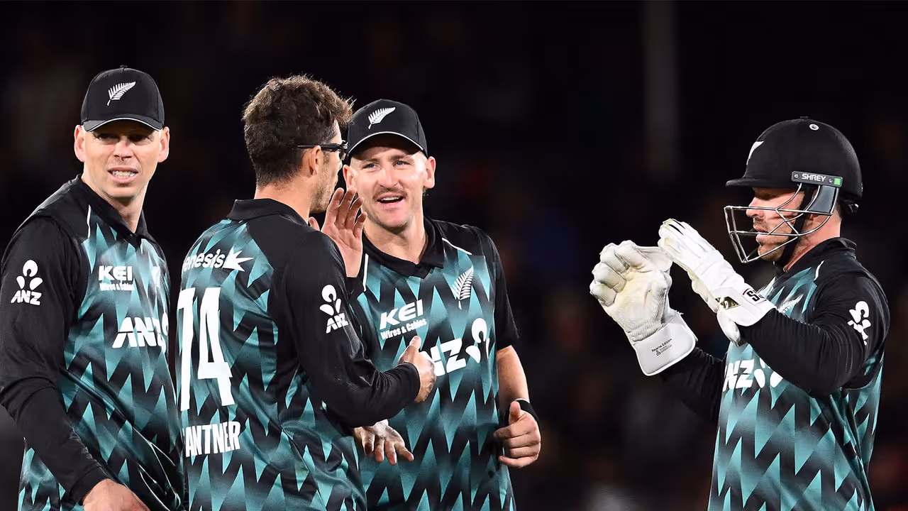 New Zealand skipper Mitchell Santner and teammates. (Photo/ANI) New Zealand skipper Mitchell Santner and teammates. (Photo/ANI)