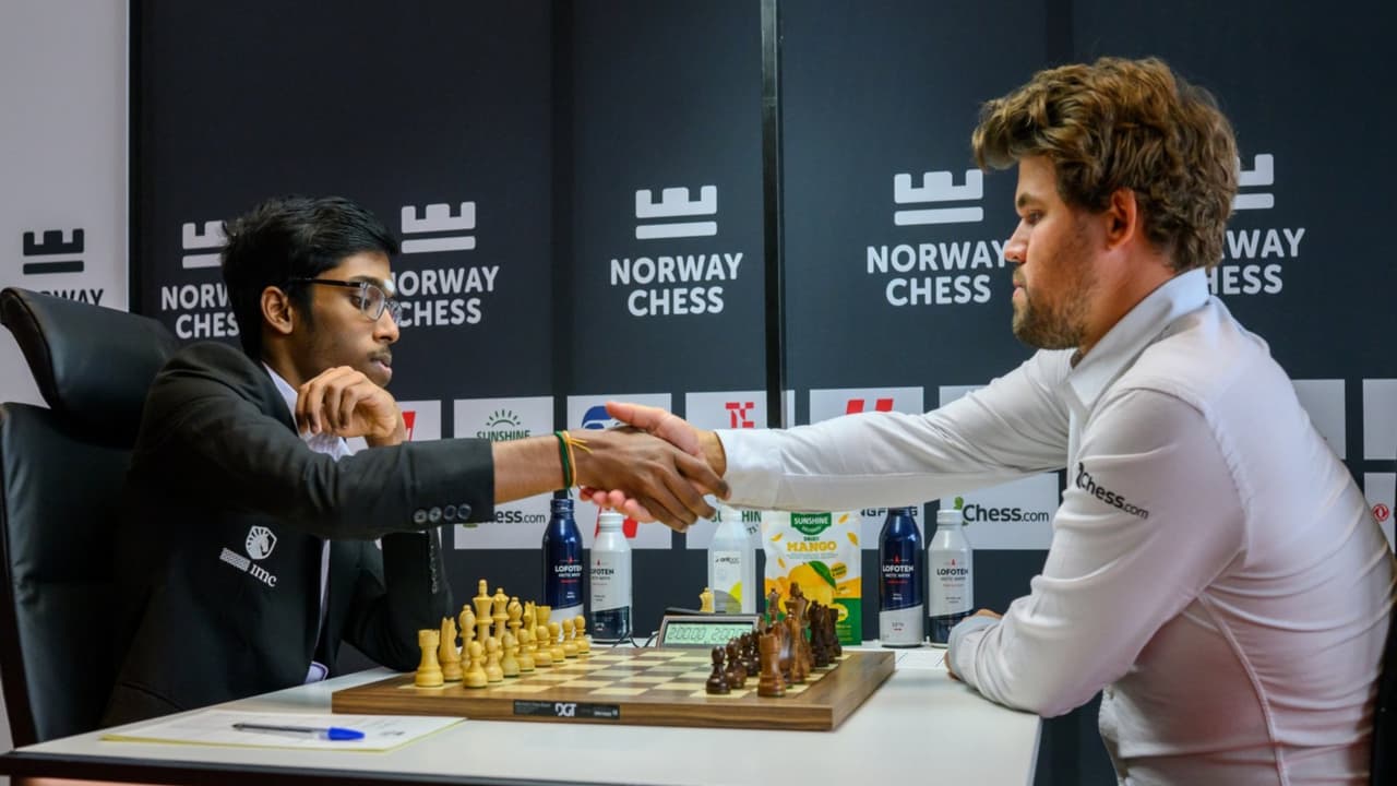 Rameshbabu Praggnanandhaa (L) during a Norway Chess game against Magnus Carlsen. (Photo: X/@rpraggnachess) Rameshbabu Praggnanandhaa (L) during a Norway Chess game against Magnus Carlsen. (Photo: X/@rpraggnachess)
