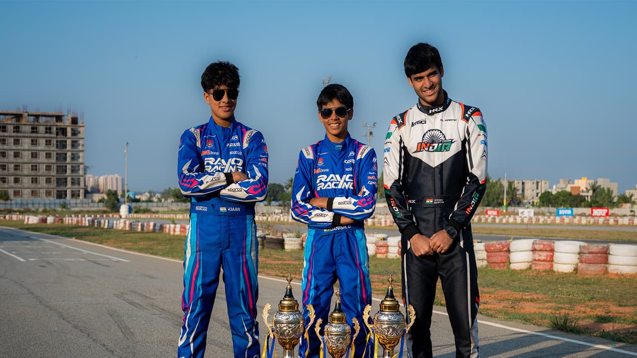 Kiaan Shah, Danish Dalmiya and Krish Gupta with their trophies at the end of National Karting Championship (Image: FMSCI) Kiaan Shah, Danish Dalmiya and Krish Gupta with their trophies at the end of National Karting Championship (Image: FMSCI)