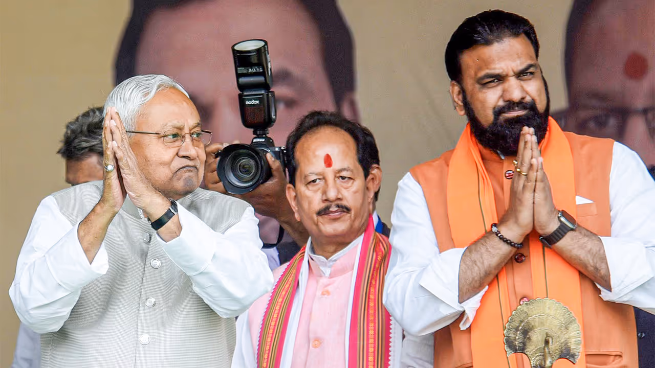Bihar CM Nitish Kumar, Deputy CMs Vijay Kumar Sinha and Samrat Choudhary (Photo/ANI) Bihar CM Nitish Kumar, Deputy CMs Vijay Kumar Sinha and Samrat Choudhary (Photo/ANI)