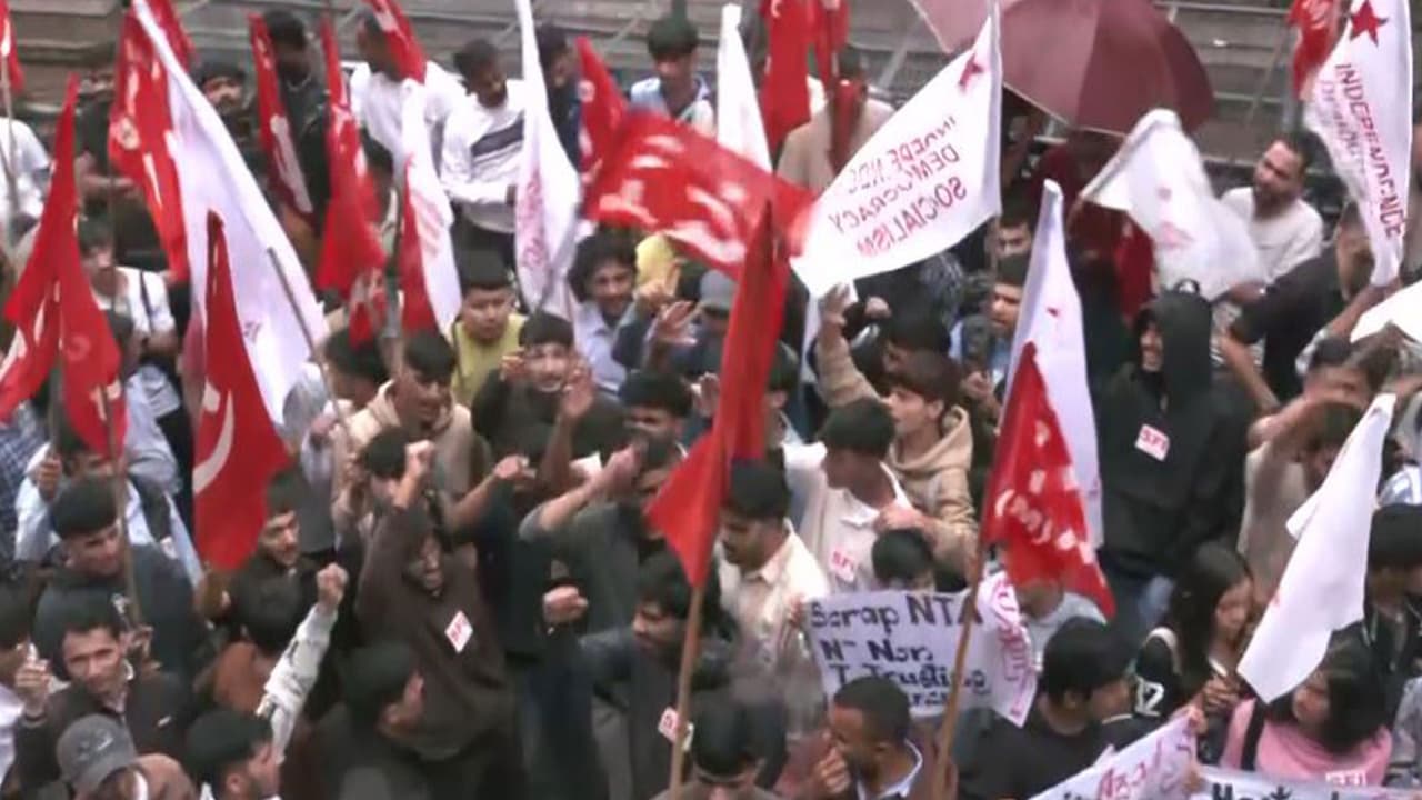 Students at CITU led protest in Shimla over neet paper leak allegations (Photo/ANI) Students at CITU led protest in Shimla over neet paper leak allegations (Photo/ANI)