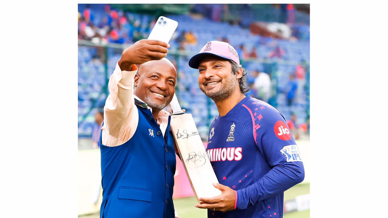Rajasthan Royals head coach Kumar Sangakkara (R) with Brian Lara (Photo/ANI) Rajasthan Royals head coach Kumar Sangakkara (R) with Brian Lara (Photo/ANI)