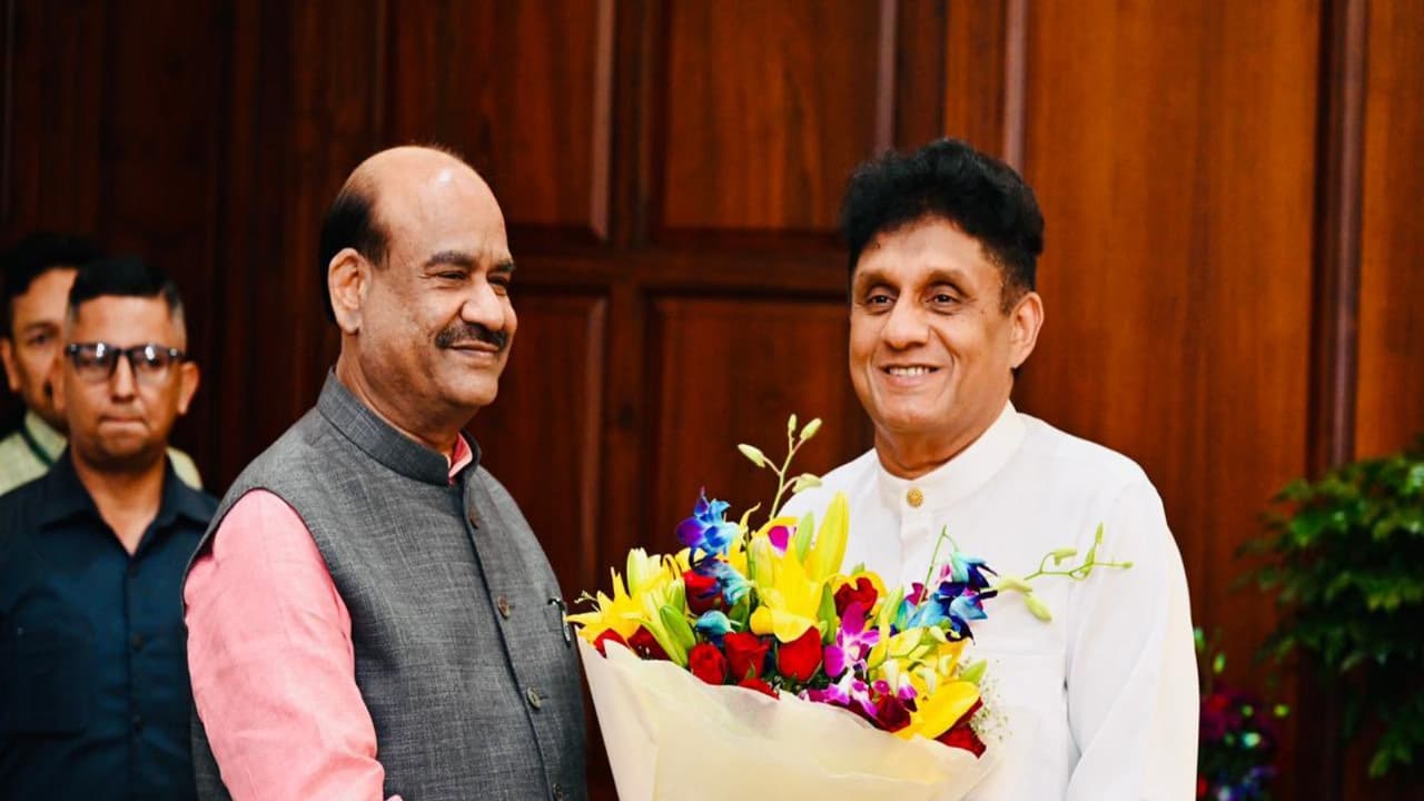 Lok Sabha Speaker Om Birla with Sri Lankan LoP Sajith Premadasa. (Photo/X) Lok Sabha Speaker Om Birla with Sri Lankan LoP Sajith Premadasa. (Photo/X)