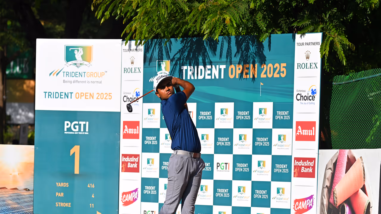 Manoj S in action during Round 3 of Trident Open 2025 (Image: PGTI) Manoj S in action during Round 3 of Trident Open 2025 (Image: PGTI)