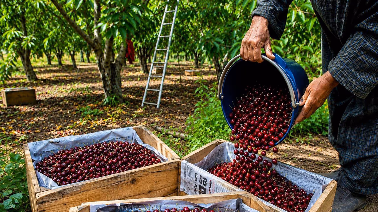 Farmers sort premium cherries for export to the UAE in Jammu and Kashmir (Photo/X@PiyushGoyal) Farmers sort premium cherries for export to the UAE in Jammu and Kashmir (Photo/X@PiyushGoyal)