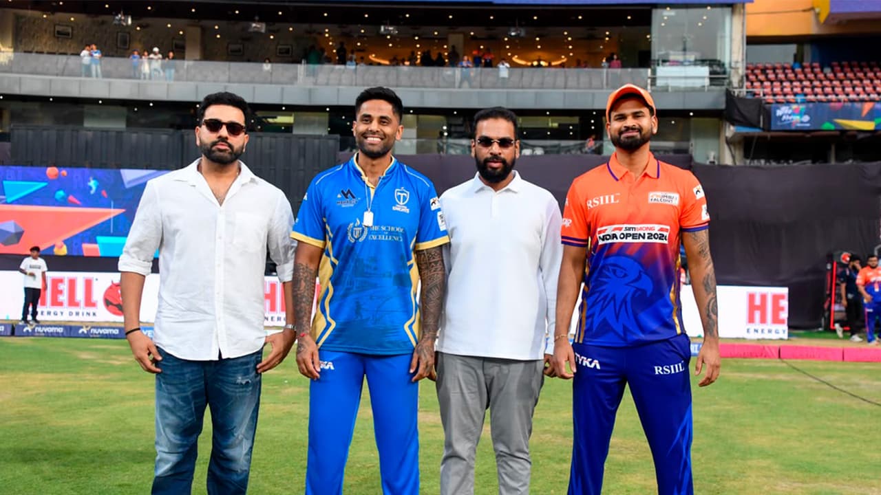(From L) Face of the League Rohit Sharma poses along with Suryakumar Yadav, Ajinkya Naik and Shreyas Iyer. (Photo: MCA) (From L) Face of the League Rohit Sharma poses along with Suryakumar Yadav, Ajinkya Naik and Shreyas Iyer. (Photo: MCA)