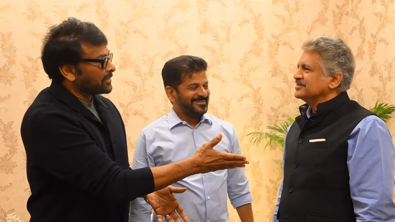 Chiranjeevi (Left), Telangana Chief Minister Revanth Reddy (Center) and Anand Mahindra (Right) (Image source: X/ @anandmahindra)