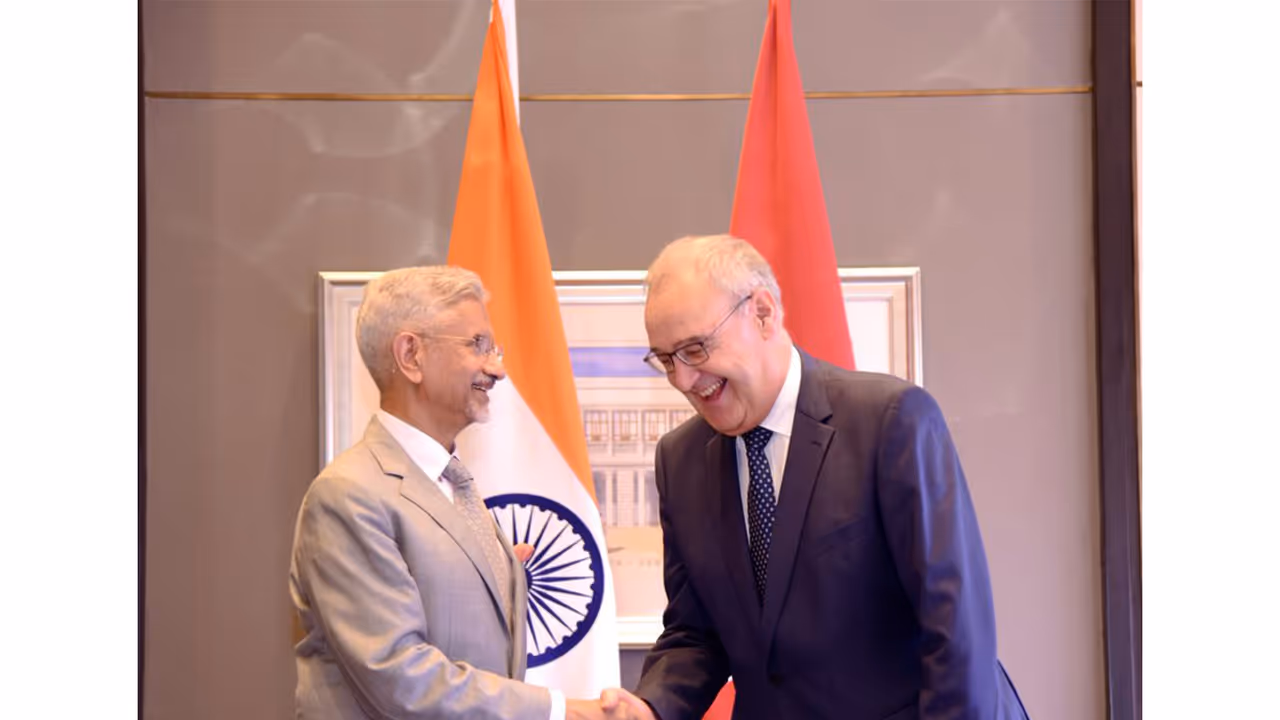External Affairs Minister S Jaishankar calls on Swiss Confederation President Guy Parmelin during his State visit to India. (Photo: X/@DrSJaishankar) External Affairs Minister S Jaishankar calls on Swiss Confederation President Guy Parmelin during his State visit to India. (Photo: X/@DrSJaishankar)