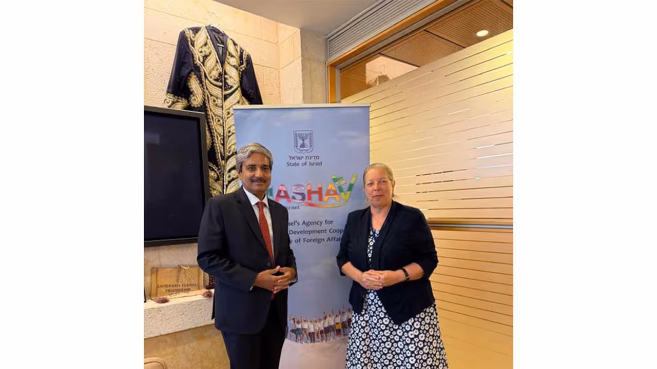 Indian Ambassador to Israel, JP Singh, meets Eynat Shlein, Head of MASHAV, Israel's Agency for International Development Cooperation, in Jerusalem. (Photo: X/@indemtel) Indian Ambassador to Israel, JP Singh, meets Eynat Shlein, Head of MASHAV, Israel's Agency for International Development Cooperation, in Jerusalem. (Photo: X/@indemtel)