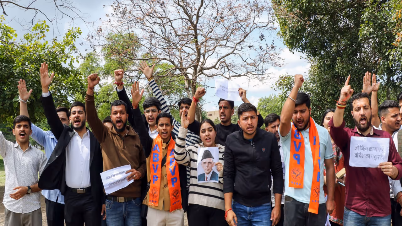 ABVP protest against the inclusion of Muhammad Ali Jinnah in Jammu University curriculum (Photo/ANI) ABVP protest against the inclusion of Muhammad Ali Jinnah in Jammu University curriculum (Photo/ANI)