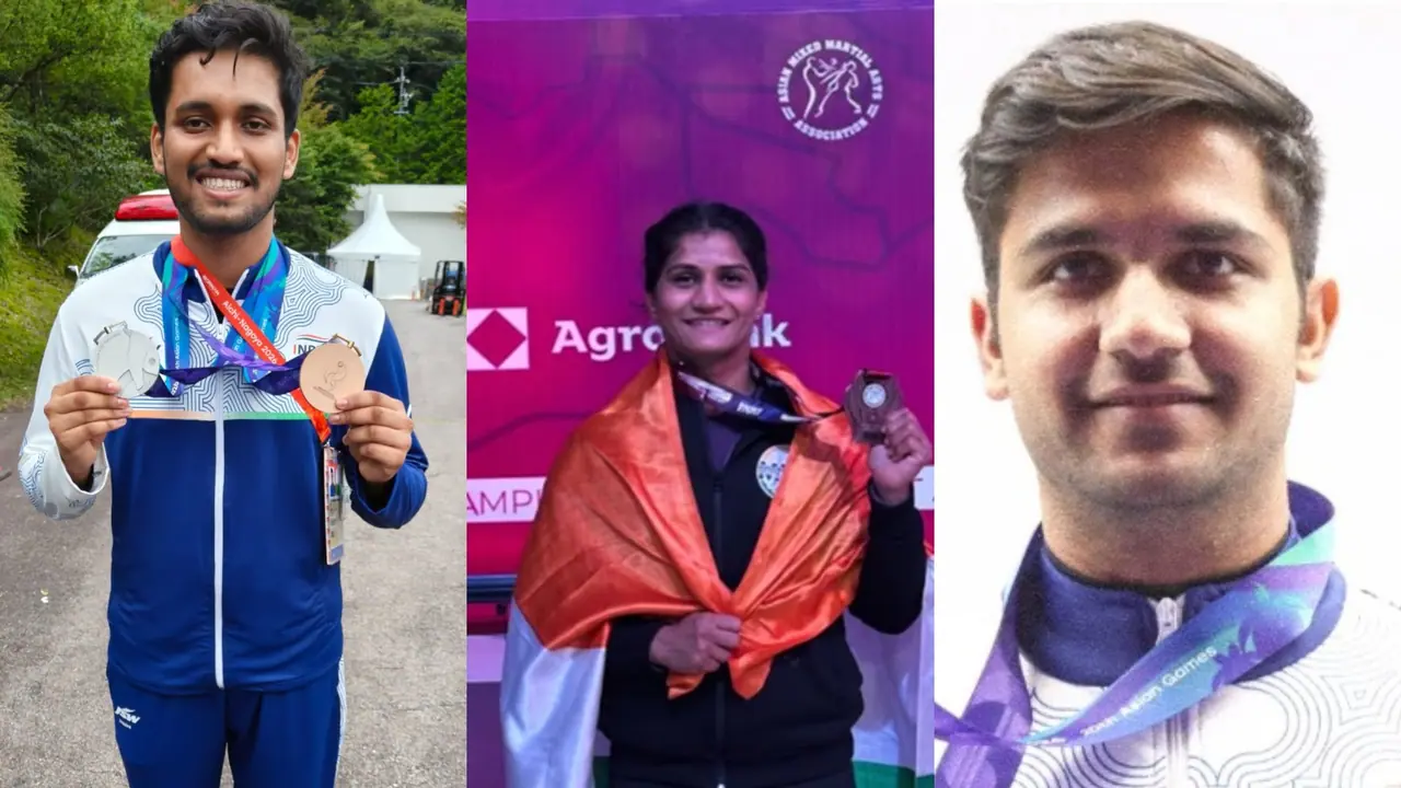 Rudrankksh Patil (Left), Himanshu Dhillon (Right), Suchika Tariyal (Center). (Photo: ANI/X/@WeAreTeamIndia/@SDhawan25) Rudrankksh Patil (Left), Himanshu Dhillon (Right), Suchika Tariyal (Center). (Photo: ANI/X/@WeAreTeamIndia/@SDhawan25)
