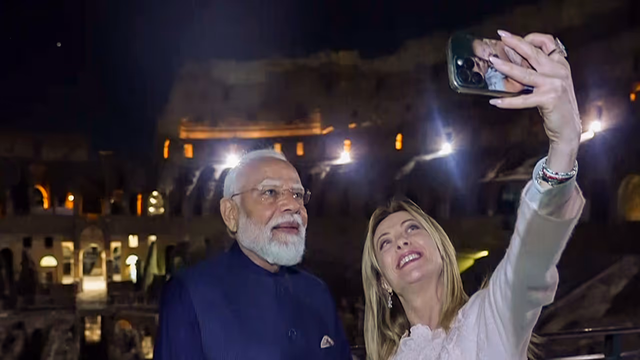 Prime Minister Narendra Modi and Italian Prime Minister Giorgia Meloni pose for a selfie as they visit the iconic Colosseum (Photo/ANI) Prime Minister Narendra Modi and Italian Prime Minister Giorgia Meloni pose for a selfie as they visit the iconic Colosseum (Photo/ANI)