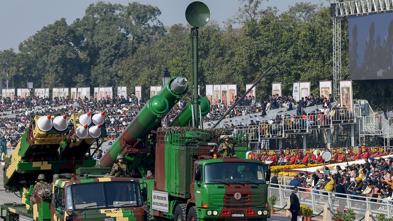 Suryastra Universal Rocket Launcher System and BrahMos Mobile Autonomous Launcher during the 77th Republic Day parade in New Delhi (File Photo/ANI) Suryastra Universal Rocket Launcher System and BrahMos Mobile Autonomous Launcher during the 77th Republic Day parade in New Delhi (File Photo/ANI)