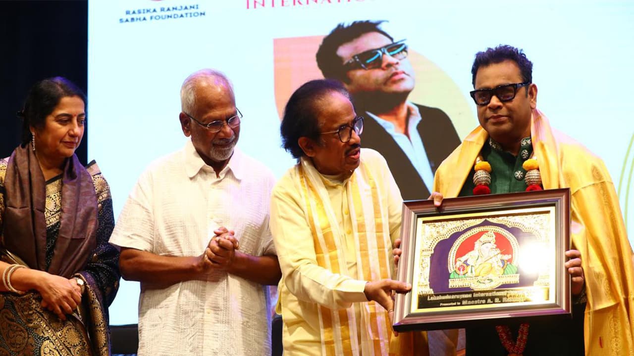 AR Rahman honoured with Lakshminarayana International Award (Image source/Lakshminarayana Global Music Festival team) AR Rahman honoured with Lakshminarayana International Award (Image source/Lakshminarayana Global Music Festival team)