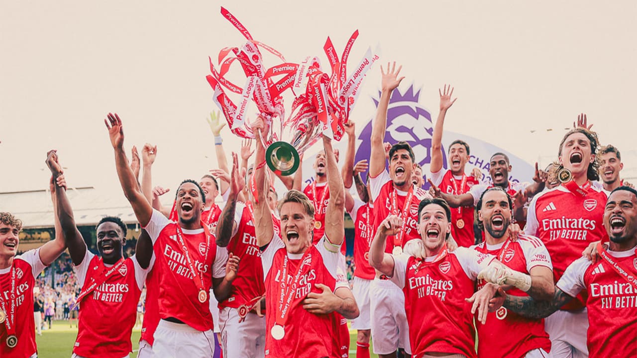 Arsenal football team celebrating with the Premier League trophy. (Photo: @Arsenal X) Arsenal football team celebrating with the Premier League trophy. (Photo: @Arsenal X)
