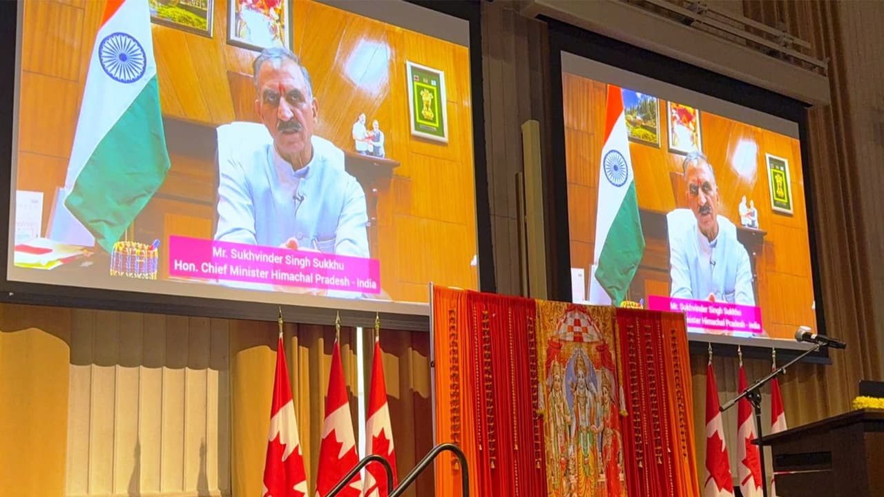 Himachal Pradesh Chief Minister Sukhvinder Singh Sukhu addresses Kullu Dussehra celebrations in Canada via video conference (Photo/ANI) Himachal Pradesh Chief Minister Sukhvinder Singh Sukhu addresses Kullu Dussehra celebrations in Canada via video conference (Photo/ANI)