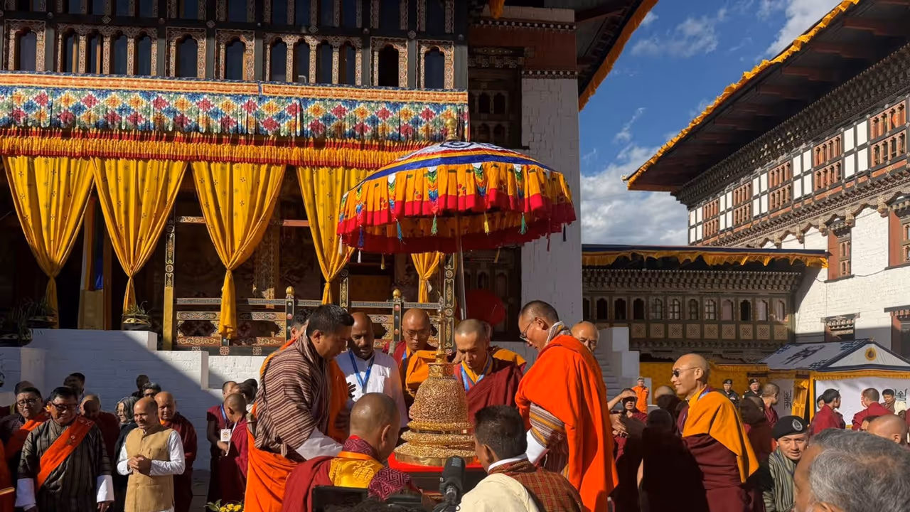 Bhutanese monks and officials welcome the sacred relics of Lord Buddha during a ceremonial event in Bhutan. (Photo: X/@DrSJaishankar)