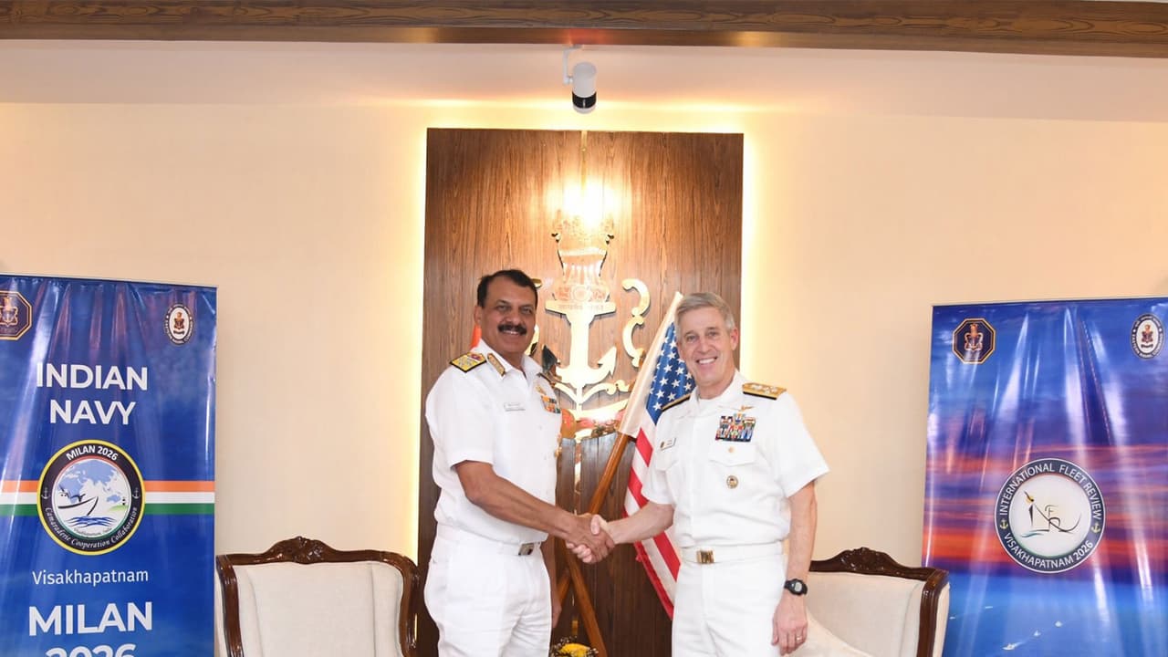 Navy chief Admiral Dinesh K Tripathi with US Pacific Fleet Commander Admiral Stephen T Koehler (Photo/@indiannavy) Navy chief Admiral Dinesh K Tripathi with US Pacific Fleet Commander Admiral Stephen T Koehler (Photo/@indiannavy)