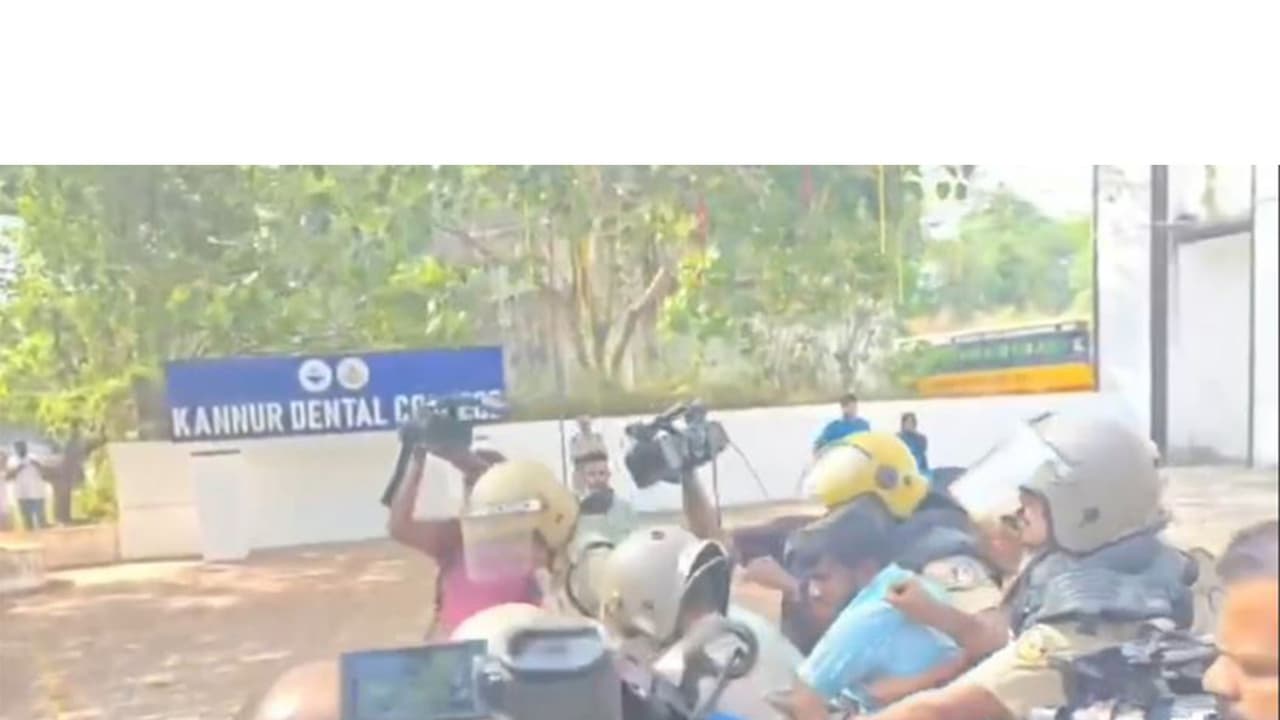 KSU activists being forcibly removed by police from Anjarakandy dental college in Kannur, Keralam on April 13, 2026 (Photo/ANI) KSU activists being forcibly removed by police from Anjarakandy dental college in Kannur, Keralam on April 13, 2026 (Photo/ANI)