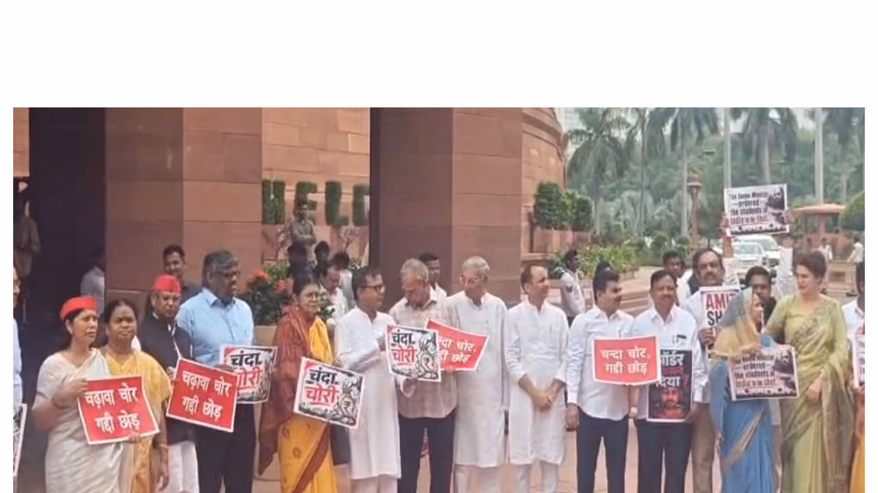 Opposition MPs protest at Makar Dwar in Parliament (Photo/ANI) Opposition MPs protest at Makar Dwar in Parliament (Photo/ANI)