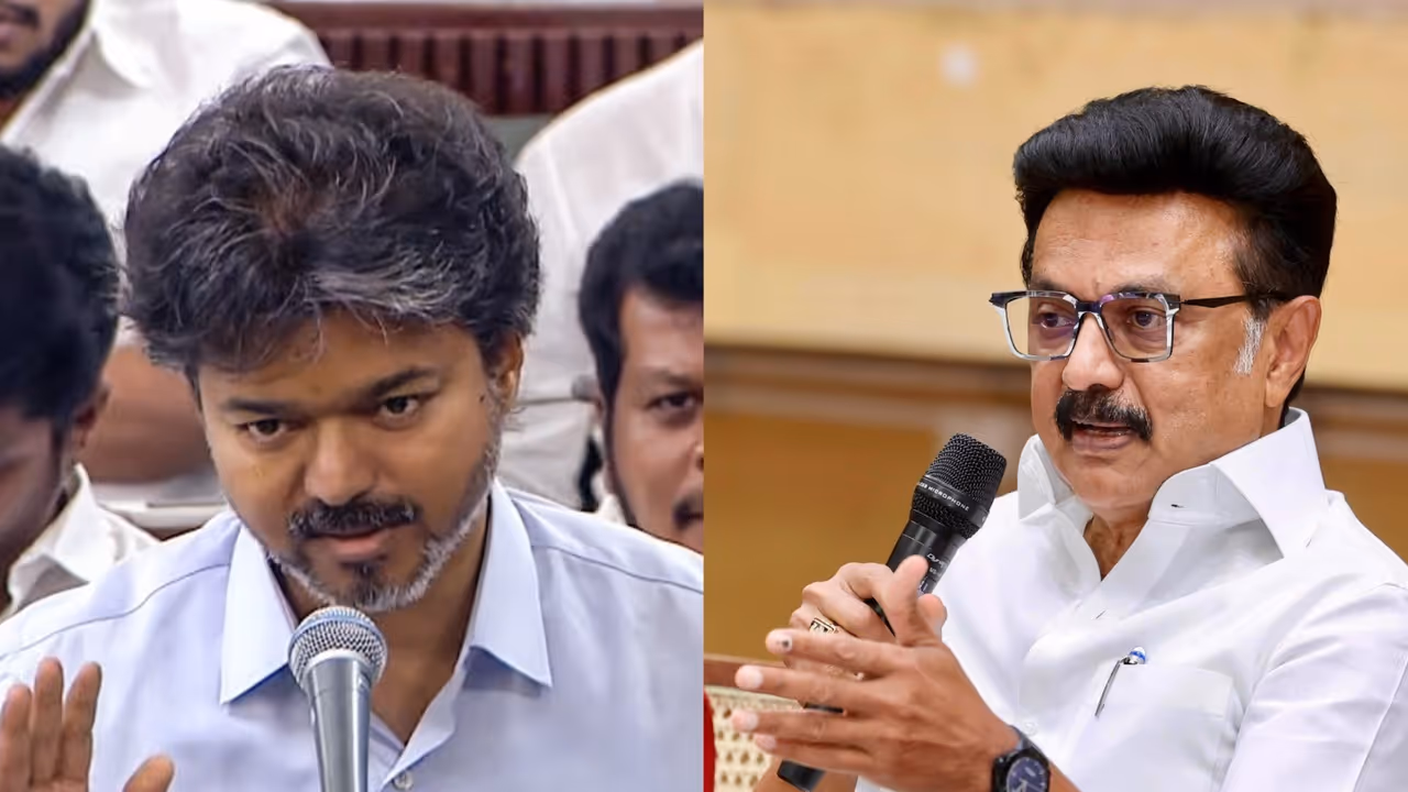 Tamil Nadu Chief Minister Joseph Vijay and DMK president MK Stalin (FilePhoto/ANI) Tamil Nadu Chief Minister Joseph Vijay and DMK president MK Stalin (FilePhoto/ANI)