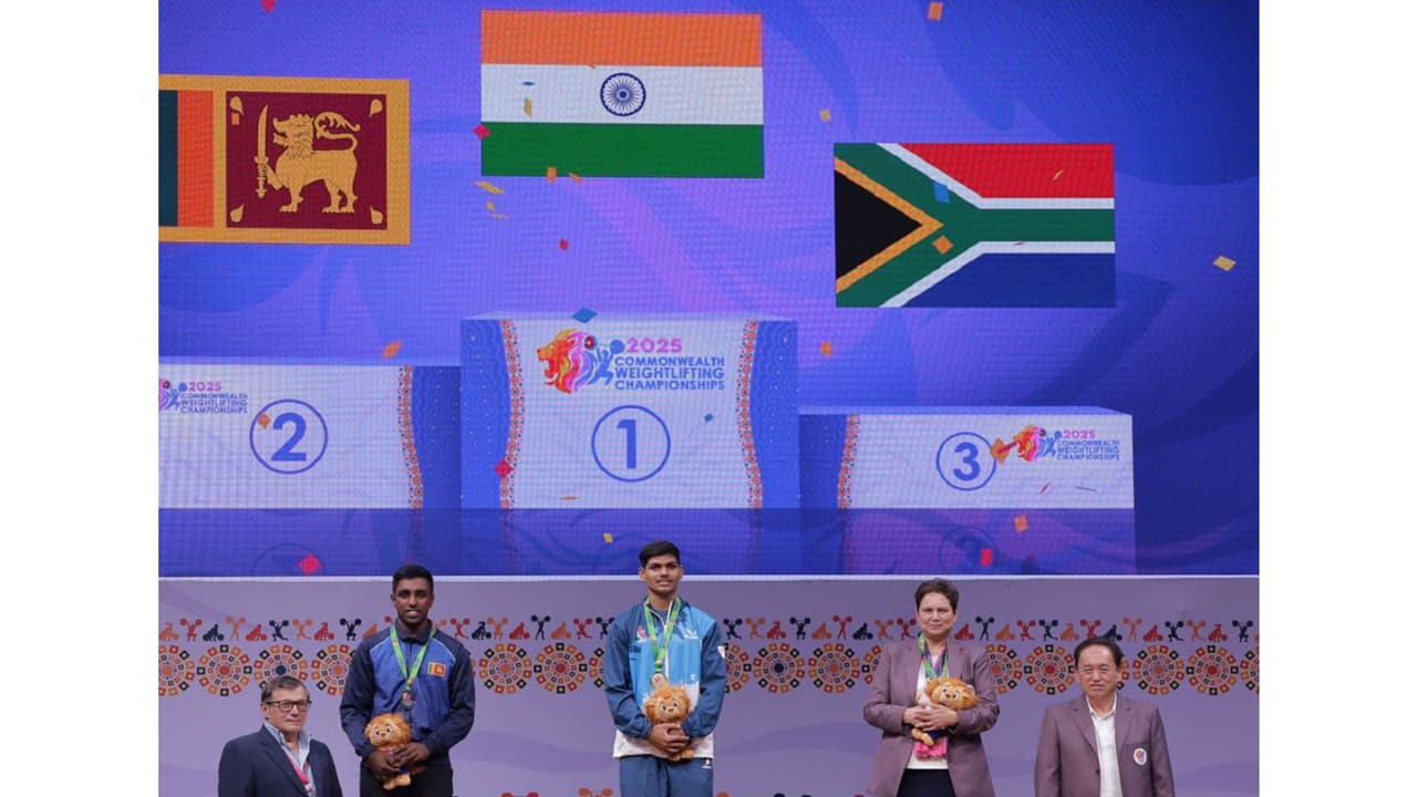 Rishikanta Singh (middle) after clinching Gold at Commonwealth Weightlifting Championship 2025 in Ahmedabad (Photo: X/@Media_SAI) Rishikanta Singh (middle) after clinching Gold at Commonwealth Weightlifting Championship 2025 in Ahmedabad (Photo: X/@Media_SAI)