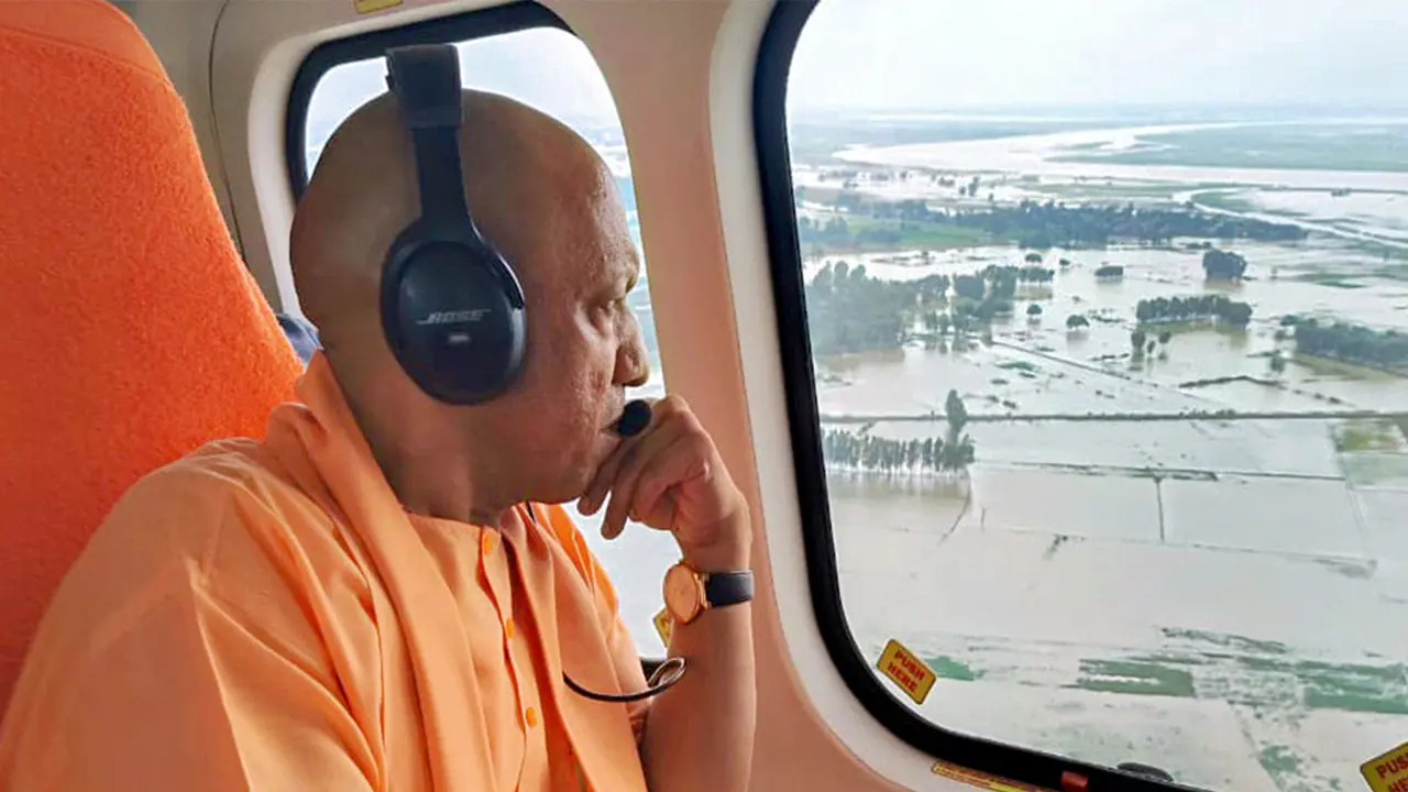 CM Yogi conducts an aerial survey of flood hit areas in Farrukhabad on Thursday (Photo: ANI) CM Yogi conducts an aerial survey of flood hit areas in Farrukhabad on Thursday (Photo: ANI)