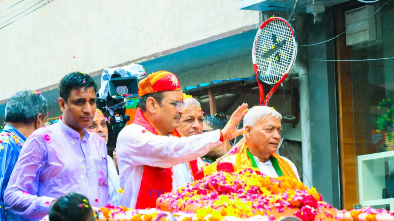 Rajasthan Chief Minister Bhajanlal Sharma on Saturday held a massive roadshow in Bhilwara in support of BJP candidates (Photo/ ANI) Rajasthan Chief Minister Bhajanlal Sharma on Saturday held a massive roadshow in Bhilwara in support of BJP candidates (Photo/ ANI)