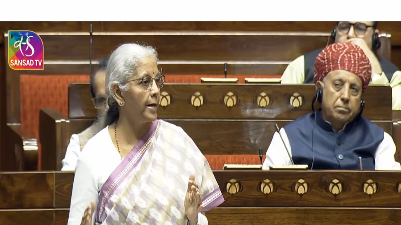 Union Finance Minister, Nirmala Sitharaman, replying to the discussion in Rajya Sabha. (Image: Sansad TV)