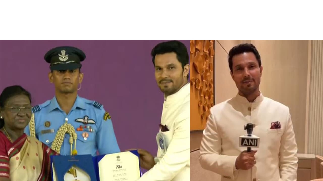Actor Randeep Hooda recieving National Award from President Droupdadi Murmu (Photo/DD National) and Randeep Hooda (Photo/ANI) Actor Randeep Hooda recieving National Award from President Droupdadi Murmu (Photo/DD National) and Randeep Hooda (Photo/ANI)