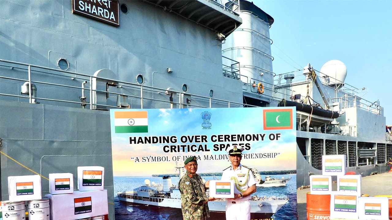 Deputy Chief of Naval Staff of Indian Navy hands over operational spares for MNDF Coast Guard Ship Huravee to Maldives CDF (Photo/X@indiannavy) Deputy Chief of Naval Staff of Indian Navy hands over operational spares for MNDF Coast Guard Ship Huravee to Maldives CDF (Photo/X@indiannavy)