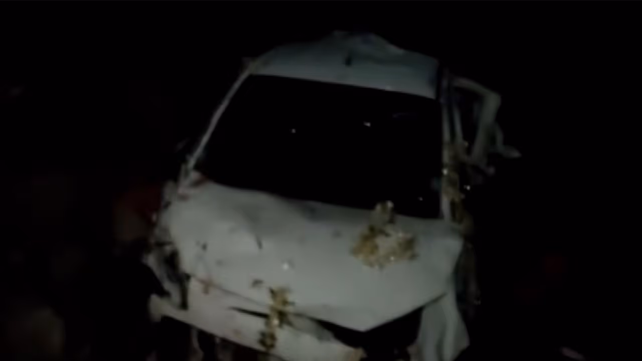 Car magled after plunging into gorge on Bhandar road in Kathua (Photo/ANI)