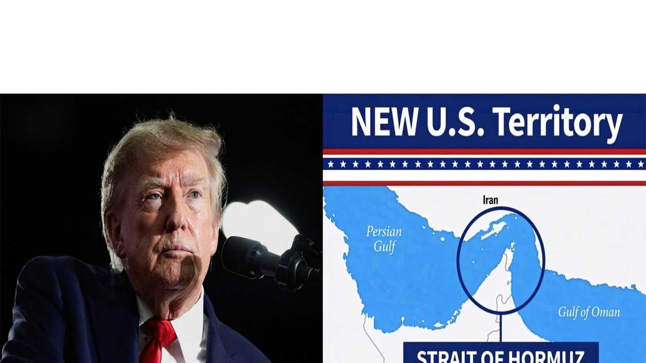 US President Donald Trump (L) alongside a graphic shared on his Truth Social platform depicting the strategically vital Strait of Hormuz circled and labeled as "NEW U.S. Territory". (Image Source: Donald Trump/Truth Social) US President Donald Trump (L) alongside a graphic shared on his Truth Social platform depicting the strategically vital Strait of Hormuz circled and labeled as "NEW U.S. Territory". (Image Source: Donald Trump/Truth Social)