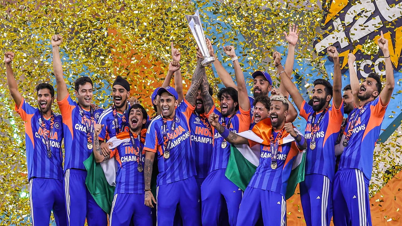 Indian squad celebrate with the trophy after winning the ICC Men's T20 Cricket World Cup 2026. (Photo/ANI) Indian squad celebrate with the trophy after winning the ICC Men's T20 Cricket World Cup 2026. (Photo/ANI)