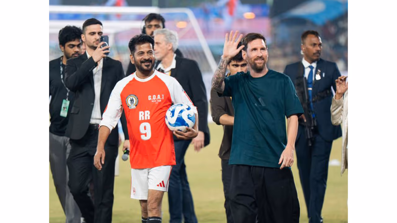 Lionel Messi with Telangana CM Revanth Reddy. (Photo: @revanth_anumula X) Lionel Messi with Telangana CM Revanth Reddy. (Photo: @revanth_anumula X)