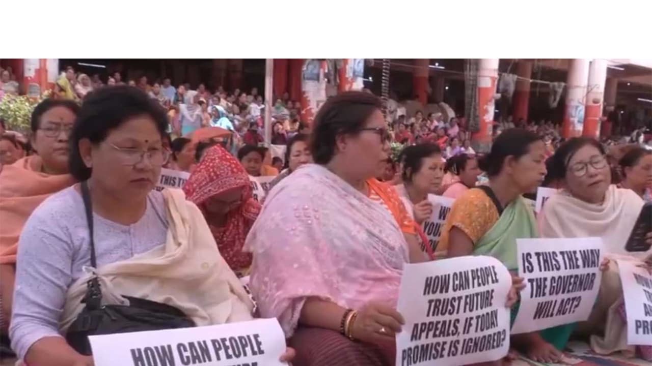Ima Keithel women vendors stage protest in Imphal (Photo/ANI) Ima Keithel women vendors stage protest in Imphal (Photo/ANI)