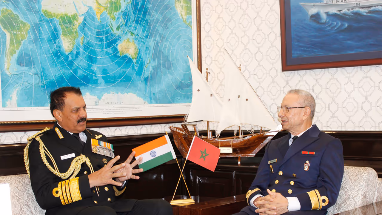 Rear Admiral Mohamed Tahin, Inspector of the Royal Moroccan Navy meets Admiral Dinesh K Tripathi, Chief of the Naval Staff (Photo:X/@indiannavy) Rear Admiral Mohamed Tahin, Inspector of the Royal Moroccan Navy meets Admiral Dinesh K Tripathi, Chief of the Naval Staff (Photo:X/@indiannavy)