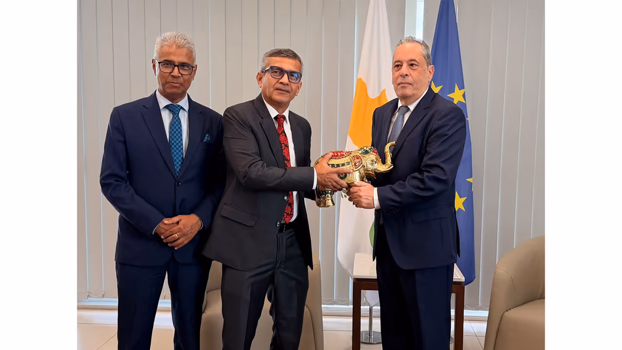 Defence Secretary Rajesh Kumar Singh presenting a traditional memento to Cypriot Defence Minister Vasilis Palmas during their meeting in Nicosia, accompanied by India's High Commissioner to Cyprus, Manish. (Photo: X/@SpokespersonMoD) Defence Secretary Rajesh Kumar Singh presenting a traditional memento to Cypriot Defence Minister Vasilis Palmas during their meeting in Nicosia, accompanied by India's High Commissioner to Cyprus, Manish. (Photo: X/@SpokespersonMoD)