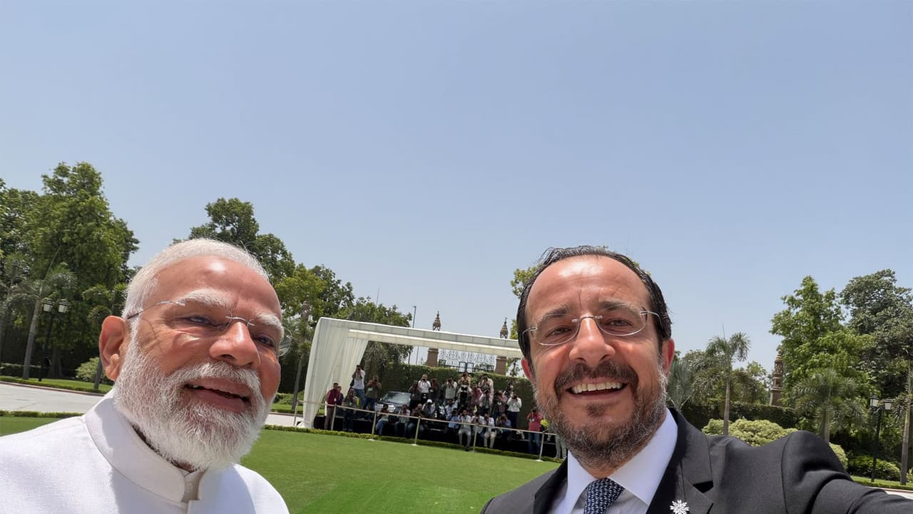 Prime Minister Narendra Modi and Cypriot President Nikos Christodoulides pose for a selfie (Photo/X@Christodulides) Prime Minister Narendra Modi and Cypriot President Nikos Christodoulides pose for a selfie (Photo/X@Christodulides)