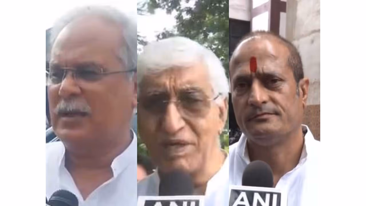 Congress leaders Bhupesh Baghel (Left), TS Singh Deo and Vikas Upadhyay (Photo/ANI) Congress leaders Bhupesh Baghel (Left), TS Singh Deo and Vikas Upadhyay (Photo/ANI)
