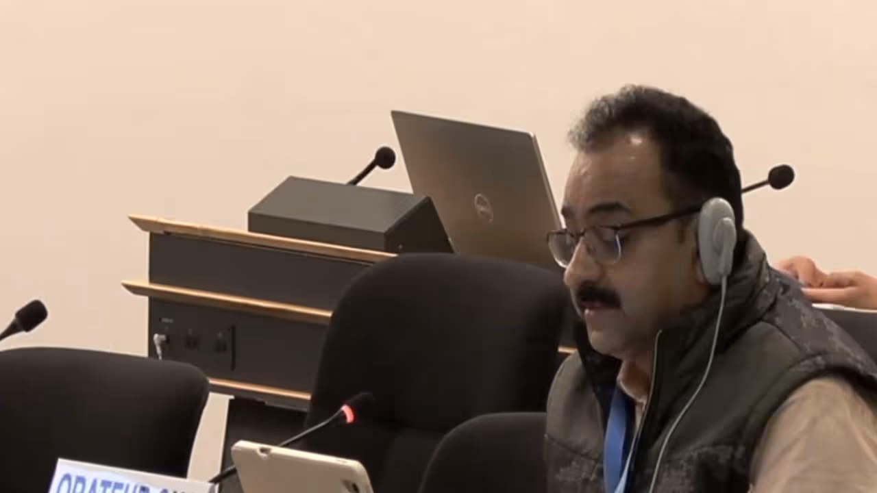 Arvind Kumar of the India Water Foundation addresses the 62nd session of the UN Human Rights Council in Geneva on climate resilient food systems and food security. (Photo/ANI) Arvind Kumar of the India Water Foundation addresses the 62nd session of the UN Human Rights Council in Geneva on climate resilient food systems and food security. (Photo/ANI)