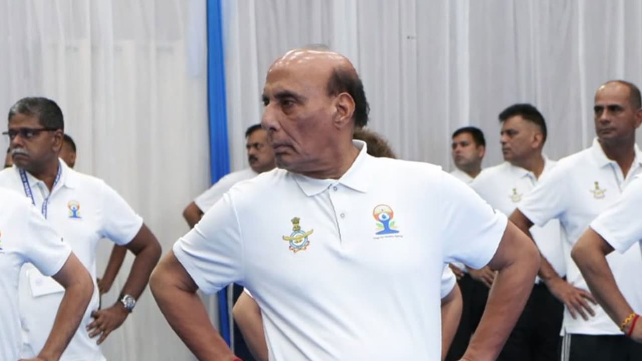 Defence Minister Rajnath Singh took part in Yoga Day celebrations in Shillong (Photo/ANI) Defence Minister Rajnath Singh took part in Yoga Day celebrations in Shillong (Photo/ANI)