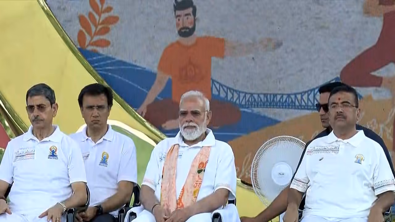 PM Modi leads national observance for 12th International Day of Yoga in Kolkata (Photo/DD) PM Modi leads national observance for 12th International Day of Yoga in Kolkata (Photo/DD)