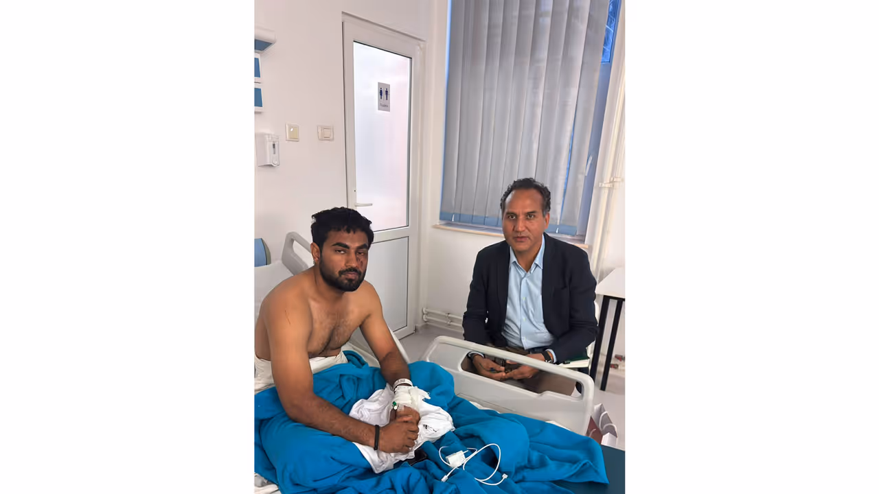 Indian Ambassador to Romania Manoj Mohapatra visits an injured Indian crew member receiving treatment at Constanța County Hospital following the attack on MV ROYAD MAMMADOV in the Black Sea. (Photo: X/@eoiromania) Indian Ambassador to Romania Manoj Mohapatra visits an injured Indian crew member receiving treatment at Constanța County Hospital following the attack on MV ROYAD MAMMADOV in the Black Sea. (Photo: X/@eoiromania)