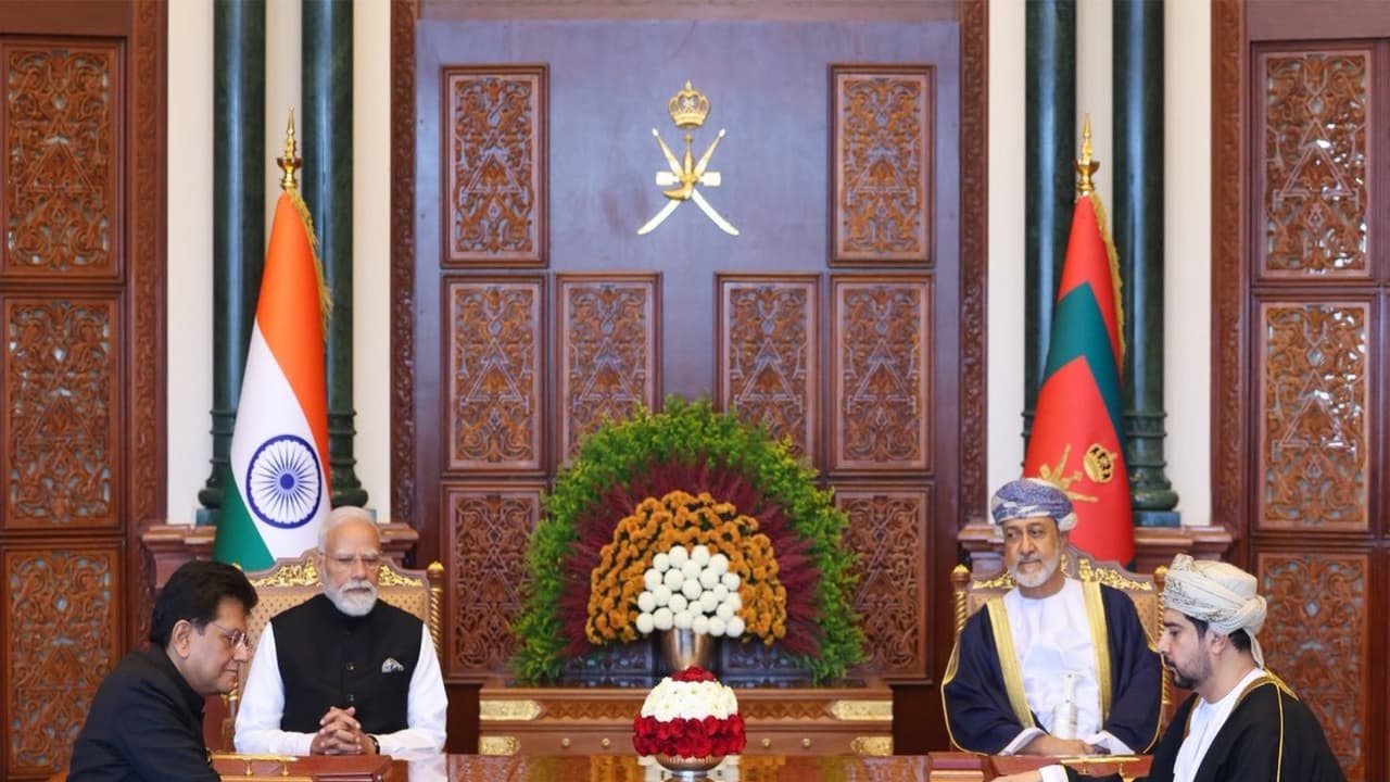 India and Oman ink the Comprehensive Economic Partnership Agreement under the leadership of PM Narendra Modi and Sultan Haitham bin Tarik in Muscat. (Photo: X/@narendramodi) India and Oman ink the Comprehensive Economic Partnership Agreement under the leadership of PM Narendra Modi and Sultan Haitham bin Tarik in Muscat. (Photo: X/@narendramodi)