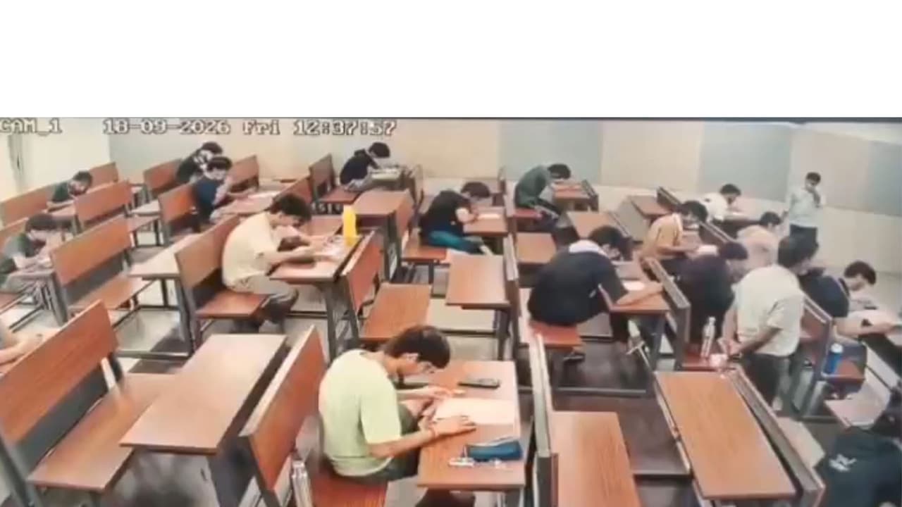 Screengrab of purported CCTV of exam hall of IIT Bombay from September 18 (Photo/Viral Video) Screengrab of purported CCTV of exam hall of IIT Bombay from September 18 (Photo/Viral Video)